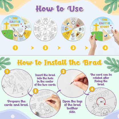 COcnny 24 Sets The Easter Story Craft, Color Your Own Easter Jesus Wheel for Kids, Religious Bible Coloring Cards DIY Crafts Art Game for Sunday School Christian Classroom Home Activities VBS Supplies