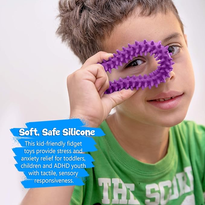 Pick A Toy Sensory Ring and Fidget Toy 3 Pack Pink Purple Green Soft, Flexible Rubber Spikes Suitable Bracelets for Children, Youth, and Adults