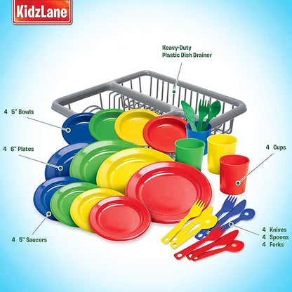 Kidzlane Kids and Toddler Dishes - Kids Play Kitchen Accessories Set - Dishwasher Safe Plastic Play Dishes - Kitchen Toys - Toy Plates and Dishes for Kids Kitchen Set