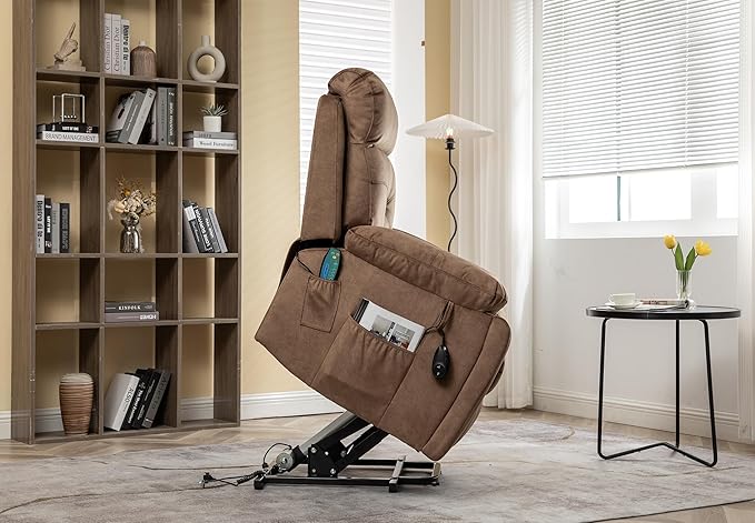 FANYE Electric Power Lift Chair for Elderly W/Massage and Heat, Infinite Positions 2 Remote Controllers Oversized Velvet Upholstered Recliner & Armchair W/Side Pockets & Hidden Cup Holders, Coffee V