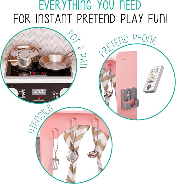 Lil' Jumbl Kids Corner Kitchen Set, Pretend Wooden Deluxe Play Kitchen, Battery Operated Icemaker, Stovetop & Faucet with Realistic Sound - Pink