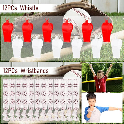 208Pcs Baseball Party Favors with Baseball Party Bags Baseball Whistle Mini Foam Baseball Ball Slap Bracelets Keychains Sticker Tattoo Eraser for Baseball Party Goodie Bag Fillers Party Decorations