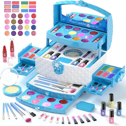 GirlsHome Kids Makeup Set for Girl 56 Pcs Washable Real Cosmetic, Non-Toxic Frozen Toys Toddler Makeup Kit, Frozen Princess Dress up Kit Christmas & Birthday Girl Gift for 3-12 (Frozen Blue)