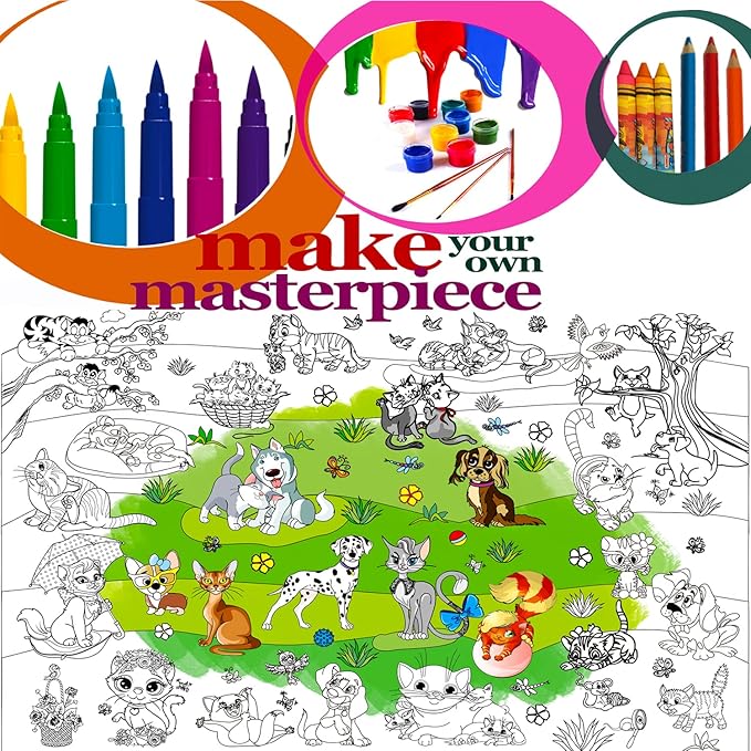 ALEX Art, Jumbo Coloring Poster - Cute Cats and Dogs Giant Coloring Posters for Kids - Large Coloring Poster for Wall or Table - Fun Big Coloring Sheets - Huge Size 38.5”x26.7”