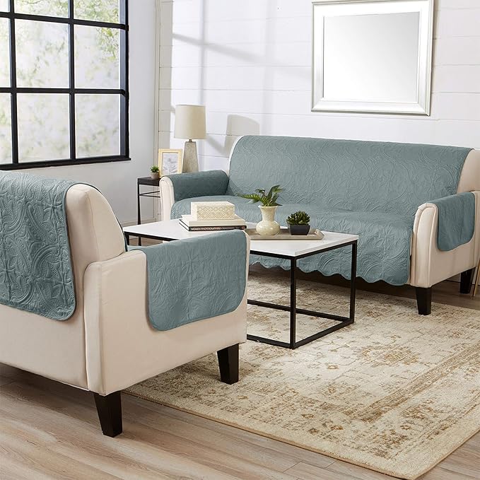 Medallion Stitched Solid Furniture Protector Stain Resistant Durable Furniture Protector Elenor Collection (Recliner, Mirage Gray/Flax)