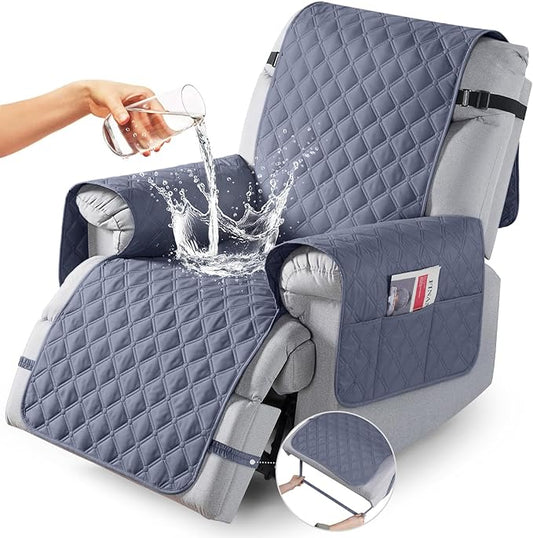 TAOCOCO 100% Waterproof Recliner Covers, Recliner Sofa Covers with Leg Straps, Reversible Recliner Couch Cover for Reclining Chair, Washable Couch Protector for Pets Kids(1 Seater 28", Bluish Gray)