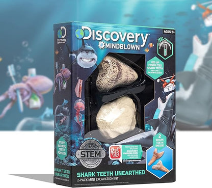 Discovery #MINDBLOWN Mini Fossil Dig Set, 2 Pack Real Shark Teeth Excavation Kit, Interactive Archaeology Paleontology Experiment, Learn Science, Fun and Educational STEM Toy for Kids Ages 6 and Up