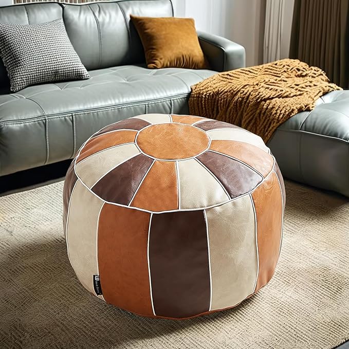 Louis Donné Unstuffed Pouf Ottoman Cover, Faux Leather Foot Stool for Foot Rest, Moroccan Style Pouffe Ottomans, 21" Round Handmade Small Bean Bag Covers for Storage, Footstools for Living Room