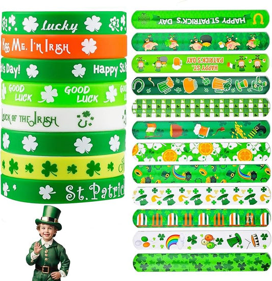 48Pcs St. Patricks Day Party Favors Silicone Bracelets Slap Bracelets Assorted for Kids Girls Boys Toddlers St. Patricks Day School Classroom Exchange Prizes Gifts