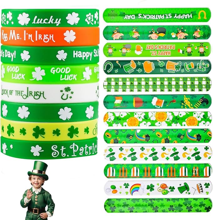 48Pcs St. Patricks Day Party Favors Silicone Bracelets Slap Bracelets Assorted for Kids Girls Boys Toddlers St. Patricks Day School Classroom Exchange Prizes Gifts