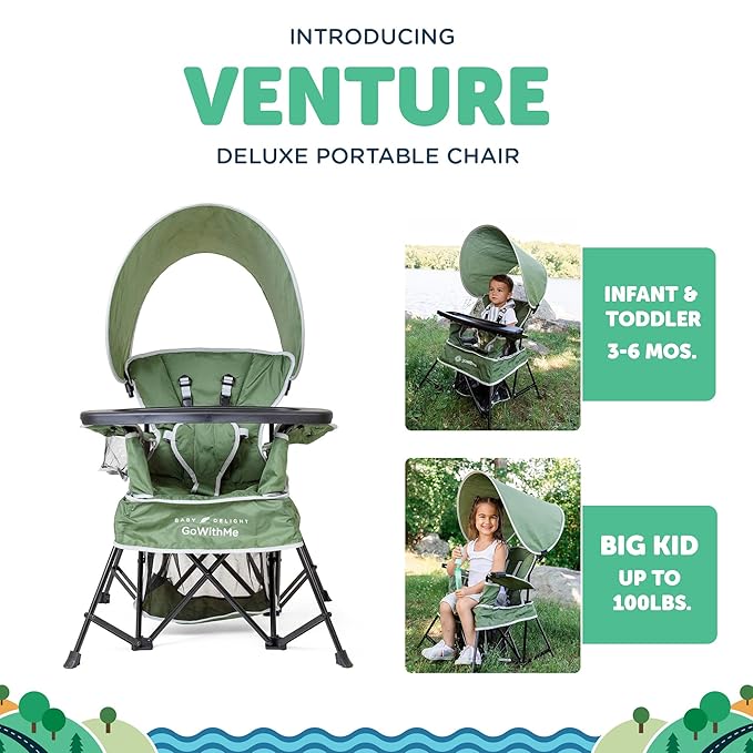 Baby Delight Go with Me Venture Portable Chair | Indoor and Outdoor | Sun Canopy | 3 Child Growth Stages | Moss Bud Green