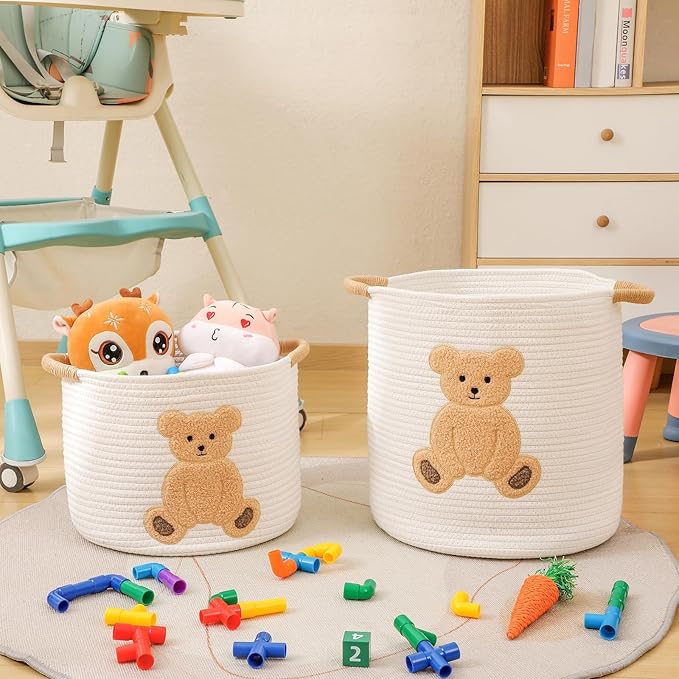 Large Blanket Baskets for Living Room, Teddy Bear Baskets Toy Storage Basket Woven Cotton Rope Basket for Kids, Toys Organizer Clothes Hamper with Embroidery, Teddy Bear Nursery Decor ( Large )