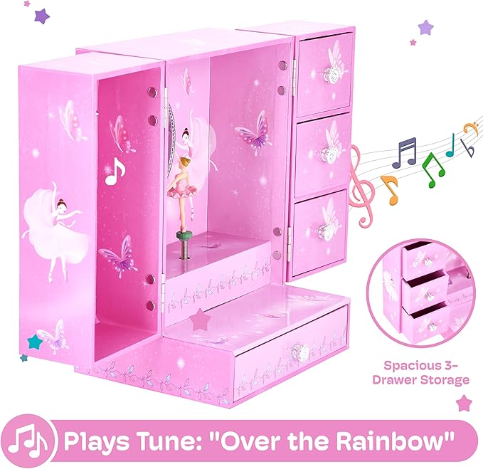 Jewelkeeper Large Jewelry Organizer Box - Musical Spinning Figure - Two-Door Accessories Organizer with 4 Drawers, 2 Hooks - Wood Storage for Rings, Necklaces, Earrings - Pink - 8.3"x6"x4.7"