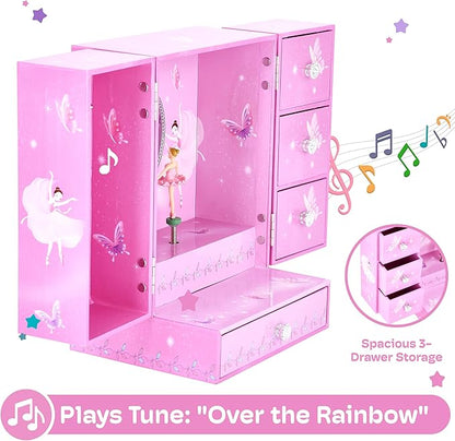Jewelkeeper Large Jewelry Organizer Box - Musical Spinning Figure - Two-Door Accessories Organizer with 4 Drawers, 2 Hooks - Wood Storage for Rings, Necklaces, Earrings - Pink - 8.3"x6"x4.7"