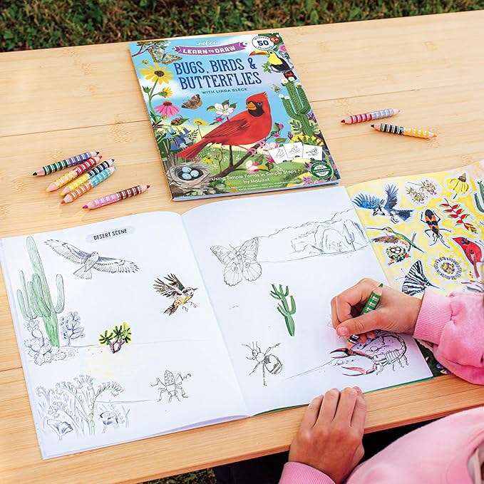 eeBoo: Learn to Draw - Bugs, Birds & Butterflies - 32 Page Activity Book & 50 Stickers Set, Fun Nature-Themed Step-by-Step Drawing & Coloring, Kids 5+