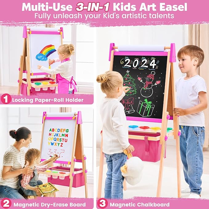 Art Easel for Kids Easel for Toddlers, Adjustable Wooden Kids Drawing Easel with Magnetic Whiteboard & Chalkboard, Kids Dry Erase Board, Easel for Kids Ages 3 4-8 9-12, Pink w/Bag