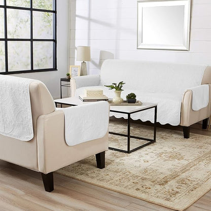 Great Bay Home Medallion Stitched Solid Furniture Protector Stain Resistant Durable Furniture Protector Elenor Collection (Loveseat, White/Sand)