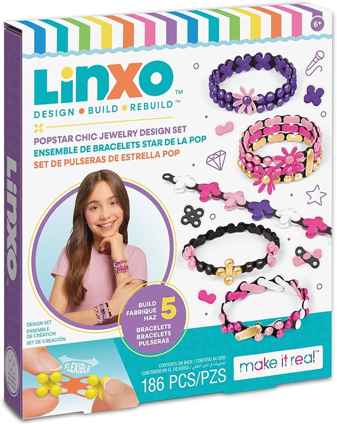 Make It Real: LinXo Popstar Chic Design Jewelry Set - 186pcs, DIY 5 Flexible Bracelets, Design-Build-Rebuild, Craft Activity Kit, Girls & Kids Ages 6+