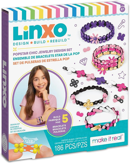 Make It Real: LinXo Popstar Chic Design Jewelry Set - 186pcs, DIY 5 Flexible Bracelets, Design-Build-Rebuild, Craft Activity Kit, Girls & Kids Ages 6+
