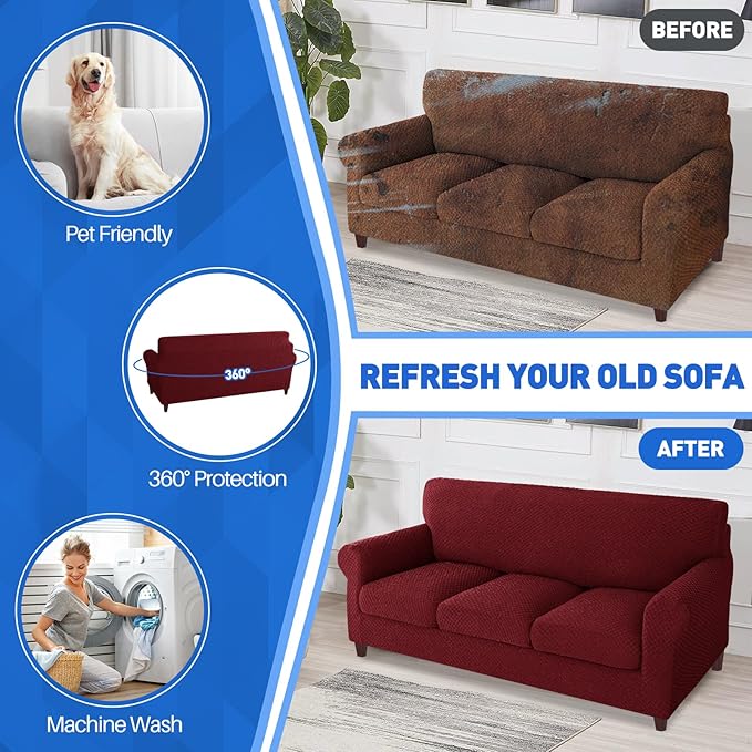 MAXIJIN 4 Piece Couch Covers for 3 Cushion Couch Super Stretch Non Slip Couch Cover for Dogs Pet Friendly Elastic Jacquard Furniture Protector Sofa Slipcovers (Sofa, Wine Red)