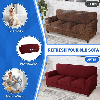 MAXIJIN 4 Piece Couch Covers for 3 Cushion Couch Super Stretch Non Slip Couch Cover for Dogs Pet Friendly Elastic Jacquard Furniture Protector Sofa Slipcovers (Sofa, Wine Red)
