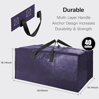6 Pack Heavy Duty Extra Large Moving Bags W/Backpack Straps - Strong Handles & Zippers, Storage Totes For Space Saving, Fold Flat, Alternative to Box and Bin (40 gal, Semi-Transparent+Blue+Black)