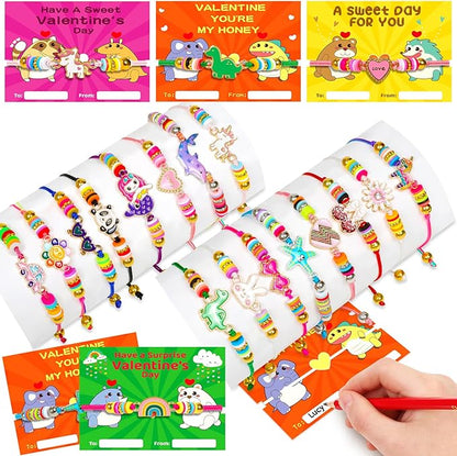 Valentines Day Cards Gifts for Kids 24 Friendship Bracelets Dinosaur Unicorn Bracelets Adjustable Play Jewelry Little Girls Classroom School Exchange Prizes For Boys Students Toddlers Party Faovr Bags