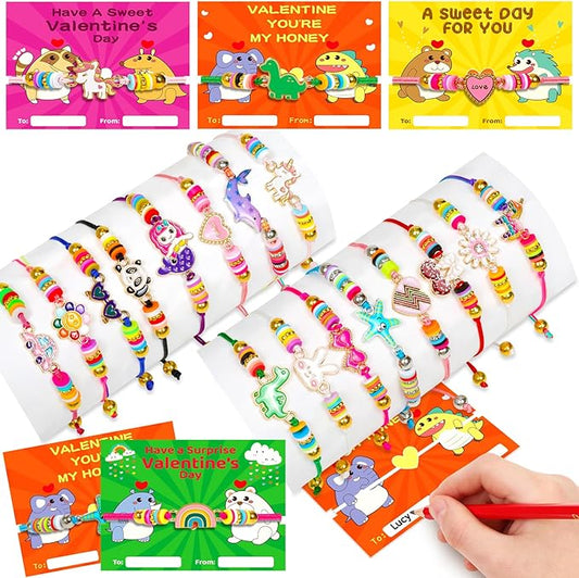 Valentines Day Cards Gifts for Kids 24 Friendship Bracelets Dinosaur Unicorn Bracelets Adjustable Play Jewelry Little Girls Classroom School Exchange Prizes For Boys Students Toddlers Party Faovr Bags