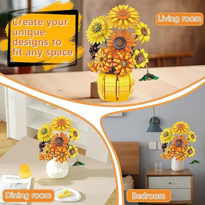 Flowers Sunflower Building Sets for Adults, Van Gogh Prints Art Botanical Collection for Woman Girls 14+, Artificial Pot Bouquet Plants Kits, Home Decor/Christmas/Valentine/Thanksgiving Birthday Gifts