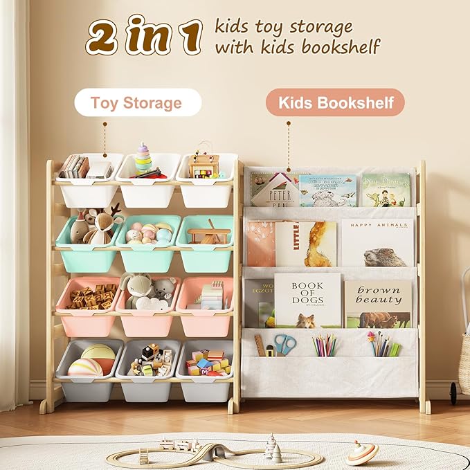 EXPERLAM Toy Storage Organizer with Bookshelf - 12 Storage Bins 4-Tier Multipurpose Shelf to Organize Toys and Books for Kids Room, Playroom, Nursery Room, Multi-Color