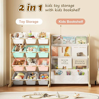EXPERLAM Toy Storage Organizer with Bookshelf - 12 Storage Bins 4-Tier Multipurpose Shelf to Organize Toys and Books for Kids Room, Playroom, Nursery Room, Multi-Color