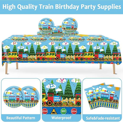 gisgfim Train Birthday Party Supplies Train Theme Party Tableware Includes Train Party Plates Napkins Fork and Train Theme Tablecloth for Birthday Parties Decorations Set Serve 20