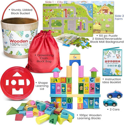 Wooden Blocks Set for Toddlers, Preschoolers, Educational Building Toys, Multicolor, with Storage Bucket and Bag., Medium, WB002