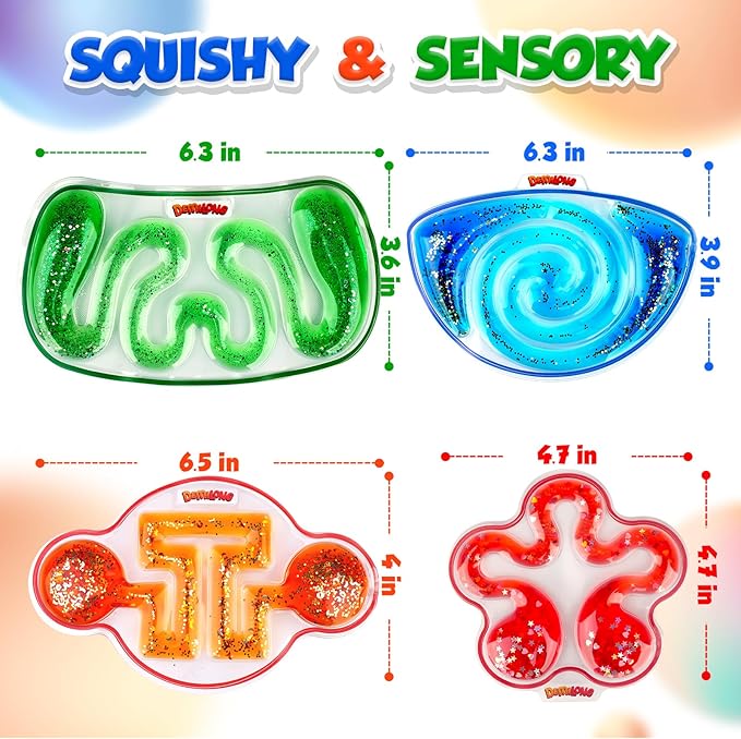 Squishy Sensory Toys for Kids - 4 Pack Fidget Toy Sensory Maze for Autism - Stress Relief Toys for Calm Down - Squeeze Fidget Toy Filled Goo, Glitter, Prizes for Kids Classroom, Goodie Bags Stuffers