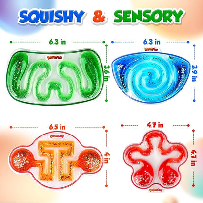 Squishy Sensory Toys for Kids - 4 Pack Fidget Toy Sensory Maze for Autism - Stress Relief Toys for Calm Down - Squeeze Fidget Toy Filled Goo, Glitter, Prizes for Kids Classroom, Goodie Bags Stuffers