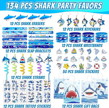 134 Pcs Shark Party Favors with Shark Straws Shark Bracelets Wristbands Tattoo Stickers Erasers Keychains Goodie Bags Under the Sea Party Favors Shark Birthday Party Decorations