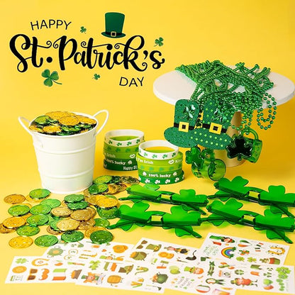 163Pcs St. Patrick's Day Accessories Party Favor Set, Tattoo Stickers, Necklaces, Bracelets, Shamrock Glasses, lucky Coins for Irish Party Supplies