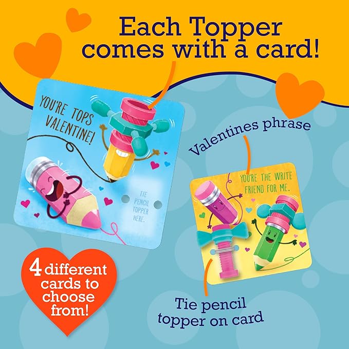Peaceable Kingdom Valentines Cards for Kids Classroom, Set of 28 Valentines Day Gifts - Fidget Spinner Pencil Toppers