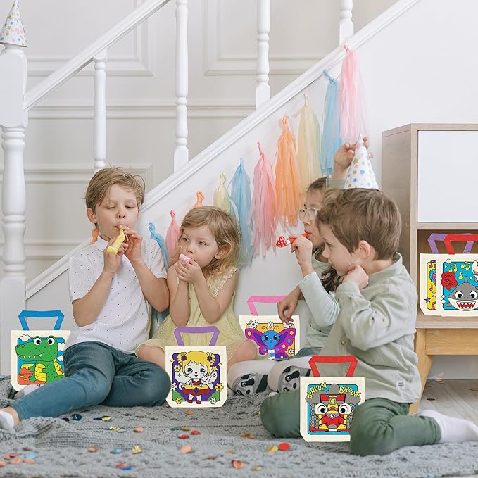 12 Pieces Kids Coloring Goodie Bags, Reusable Canvas Bag, Cute Art Party Favors, Color Your Own Bags for DIY Painting Birthday Carnival Celebration, Party Supplies Gift, Girls