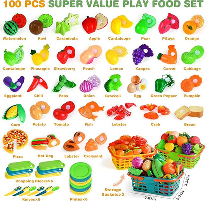 Play Food Set for Kids Kitchen- 100 Pcs Kitchen Food Toy for Toddlers, Cutting Fake Food/ Fruit/ Vegetable Accessories with Three Baskets, Birthday Gift for 3 4 5 Years Old Boy Girl