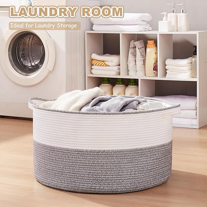 OIASKET Large Blanket Basket with Handles, 22.8" x 22.8" x 13" Woven Storage Basket for Living Room, Cotton Rope Baby Toy Storage for Clothes, Pillows, Towels-Grey and White