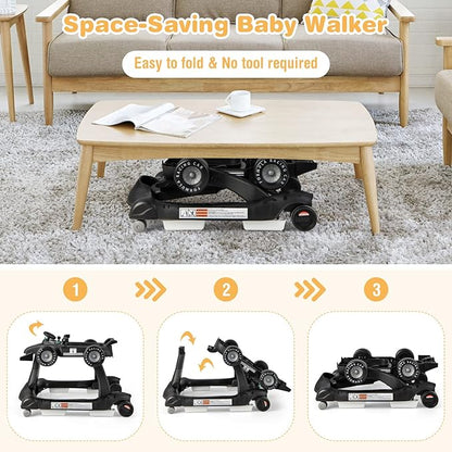 GLACER Foldable Baby Walker, 4-in-1 Infant Walker with Adjustable Height & Speed, Music, Light, Steering Wheel & Washable Cushion, Baby Walker Activity Center for Boys Girls 6 –18 Months (Black)