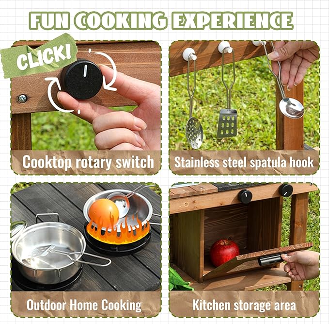 Outdoor Kitchen for Kids,Mud Kitchen Wooden Toy Playset with Wheels, Kettle, Sink, Wooden Plant Container and Kitchen Accessories, for Children Ages 3+ Years