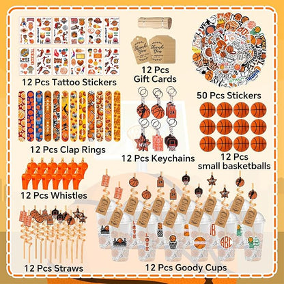 Basketball Party Favors, 172 pcs Birthday Party Supplies contains Cups, Straws, Whistles, Bracelets, Keychains, Stickers, Soft Balls, Tatoo Stickers, Thank You Tags for Sport Themed Birthday Decors