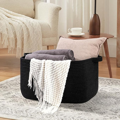 OIASKET Large Blanket Basket, Black Blanket Storage Living Room, Rectangle Woven Baskets for Storage Toys, Towels, Dirty Clothes Organizer Bins (Black)