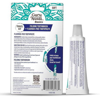 GuruNanda Folding Toothbrush with Built-in Cover & Toothpaste with Hydroxyapatite, Perfect for Travel, Compact & Portable, On-The-go - Soft Bristles & Ergonomic Handle, for Adults & Kids (1 Count)