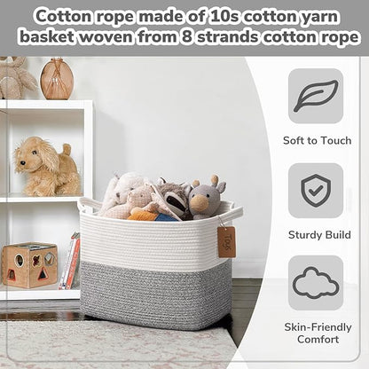 Goodpick Woven Storage Basket, Cotton Rope Baskets with Handles, Toy Baskets Storage Kids, Blanket Basket for Living Room, Bedroom, Gray and White, 18 x 14 x 12 Inches