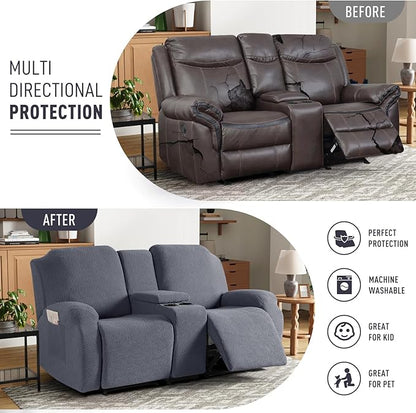 KinCam Loveseat Recliner Covers with Middle Console Slipcover, Recliner Sofa Covers 2 Seat Couch Cover Stripe Jacquard Furniture Protector Covers with Elastic Bottom for Kids, Pets (Gray)