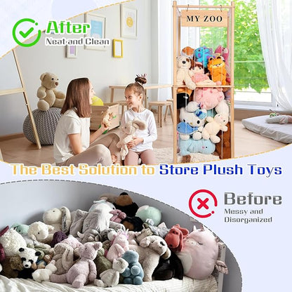 GLDZI Stuffed Animal Storage Zoo, Wooden Stuffed Animal Organizer with Elastic Cords for Boys Girls, Space Saving Toy Plushies Storage Holder for Playroom, Bedroom, Living Room (Burlywood, Large)