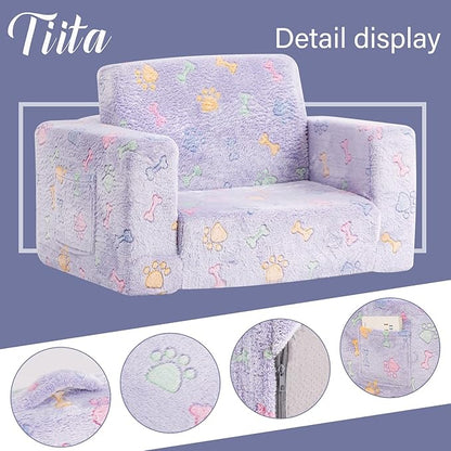 Tiita Kids Sofa, 2-in-1 Kids Sofa Chair, Convertible Children Couch to Lounger, Flip Out Kids Sofa Chair, Toddler Armrest Chair Bed, Folding Kids Play Sofa for Girl or Boy, Purple Paws